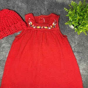 90s Vintage Red Floral Dress with Crochet Hat: Girls 1-2 Years