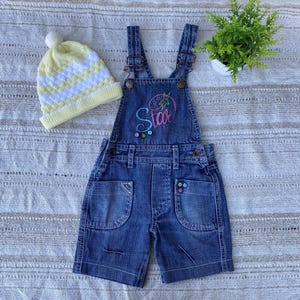 Vintage 90s Embroidered Denim Romper with Knitted Hat (12-18 Months)