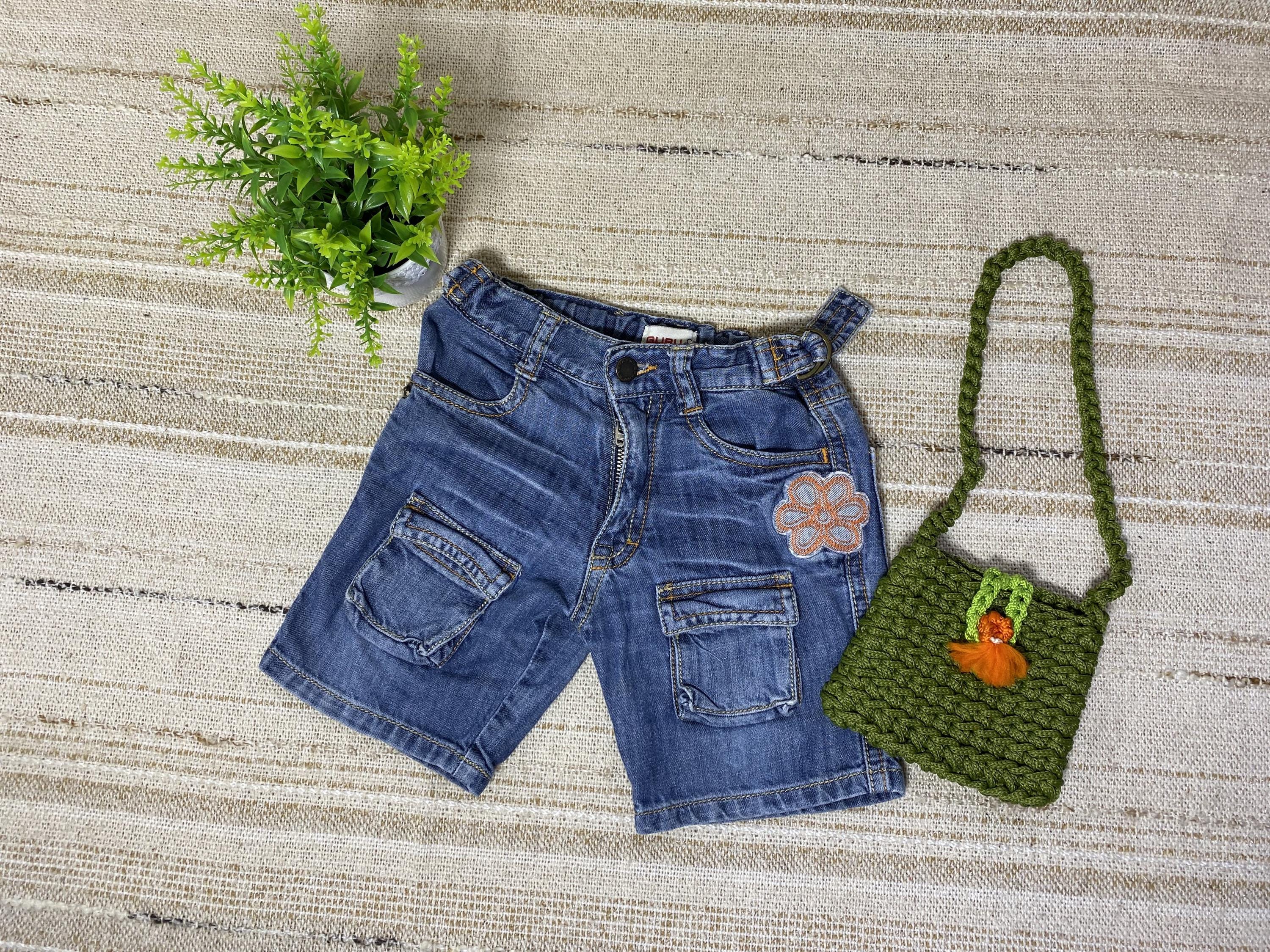 Shorts jeans vintage com bordado floral para bebê e bolsa de