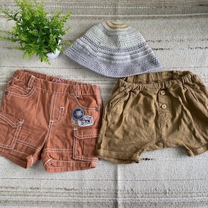 90s Vintage Cotton Set Shorts Orange With Patches And Brown For Baby Boys 6-9 Months + Gift Crochet Panama.
