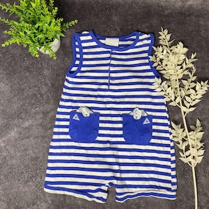 90s Vintage Summer Romper Striped Marine Animal Print With Patches And Pockets For Baby Boy/Girl 9-12 Months.