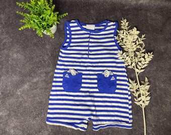 90s Vintage Striped Romper: Marine Animal Print, Patches, 9-12 Months