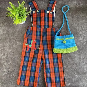 Combi-short vintage pour enfants des années 80 : imprimé à carreaux, sac cadeau au crochet (12-18 mois)