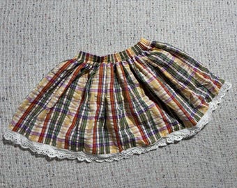 Gonna vintage anni '90 in cotone multicolore con stampa a quadri e pizzo per bambine di 2-3 anni.