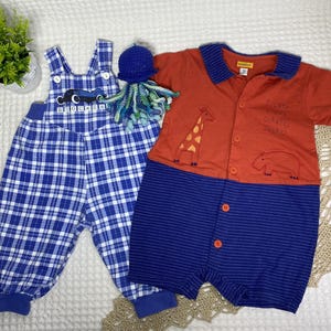 90s Set Vintage Rompers Checkered And Animal Print For Baby Boy 3-6 Months Buttons And Snaps 100% Cotton + Gift Crochet Jellyfish Toy.