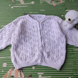 90s Baby White Cardigan Hand Knit Buttons Bunnies For Baby Girls 9-12 Months + Gift Plush Toy Doggie.