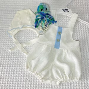 90s Kids Jumpsuit For Girls 3-6 months With Knitted Hat White + Gift Crochet Jellyfish.