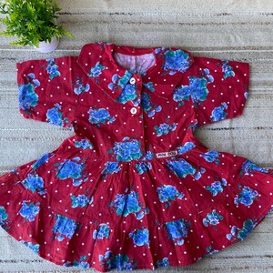 Robe d&#39;été en coton rouge vintage des années 90 : imprimé floral à pois, filles 2 à 4 ans