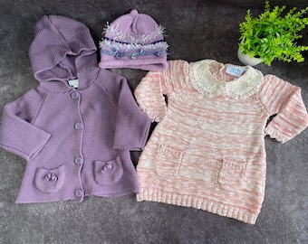 Vintage Baumwollstrick Kleid Set: Baby Mädchen Strickjacke & Mütze (6 Monate+)