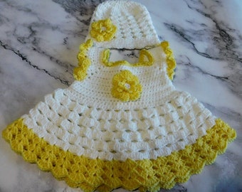 Crochet Baby Dress & Hat Set, Yellow and White, Newborn Outfit