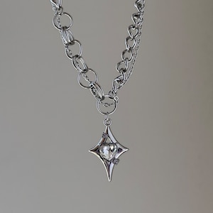 Stainless steel heart crystal Polaris necklace with chunky chain  , Y2k Silver necklace, Cyber Punk necklace, Grunge gothic necklace