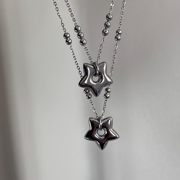 Collar de acero inoxidable plateado que no se empaña, collar con colgante de estrella y cadena de bolitas, collar estilo streetwear gótico punk Y2K, collar bonito