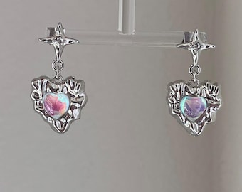 Silver Polaris moonstone heart earrings , 925 silver post earrings, Cute dainty Y2k earrings, Aesthetic streetwear earrings, gift