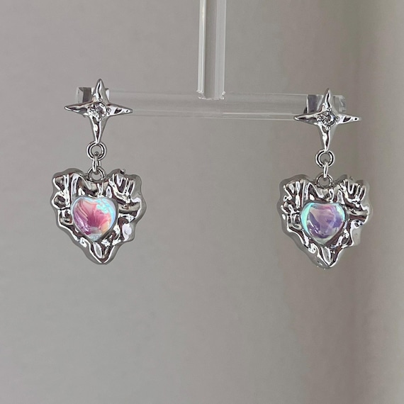 Silver Polaris moonstone heart earrings , 925 silver post earrings, Cute dainty Y2k earrings, Aesthetic streetwear earrings, gift