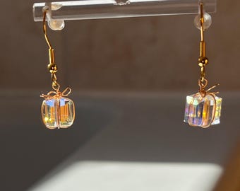 Dainty Gold gift box earrings, Princess Christmas earrings, Cute colorful glass beads beaded earrings, Stainless steel  hook dangle earrings