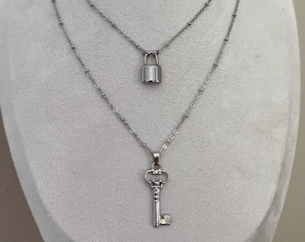 No tarnishing silver stainless steel key and lock pendant necklace with mini ball chain, cute adorable couple friendship matching necklace
