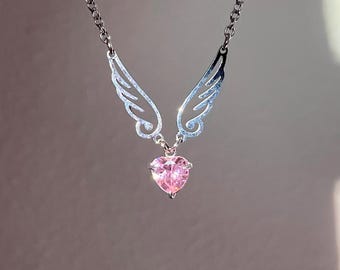 No tarnishing silver stainless Steel necklace, Coquette Heart zircon and angel wings charm necklace, Angelic Cute Ballet Core Y2k choker