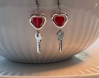 Handmade gothic earrings, Stainless steel hook earrings, heart and key dangle earrings, y2k punk earrings, whimsigoth earrings