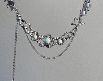 Silver green moonstone star necklace,  Stainless steel Irregular necklace, Punk gothic necklace, y2k necklace, chunky chain grunge necklace