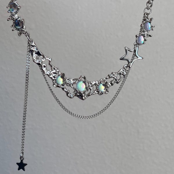 Silver green moonstone star necklace,  Stainless steel Irregular necklace, Punk gothic necklace, y2k necklace, chunky chain grunge necklace