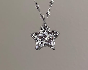 No tarnishing silver stainless steel necklace, Star pendant necklace with star chain, ball chain, gothic punk Y2k necklace, Cute necklace