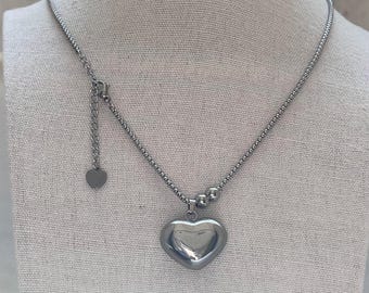 No tarnishing silver puff heart necklace, Stainless steel heart love pendant with ball beads necklace, Cute Y2k  punk gothic necklace, gifts