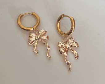 Dainty Gold bow earrings, Princess earrings, 14k gold plated bow earrings, Stainless steel hoop earrings, Dainty aesthetic, gifts