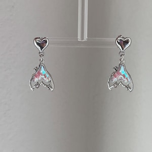 Silver heart mermaid earrings , 925 silver post earrings with moonstone pantom color mermaid pendants, Cute Y2k earrings, gift