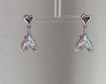 Silver heart mermaid earrings , 925 silver post earrings with moonstone pantom color mermaid pendants, Cute Y2k earrings, gift