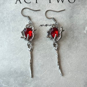 Silver ruby rose earring, gothic earring with  ruby, punk earrings, blood red rose jewelry, rose thorns hook earrings, dark rose earring