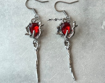 Silver ruby rose earring, gothic earring with  ruby, punk earrings, blood red rose jewelry, rose thorns hook earrings, dark rose earring