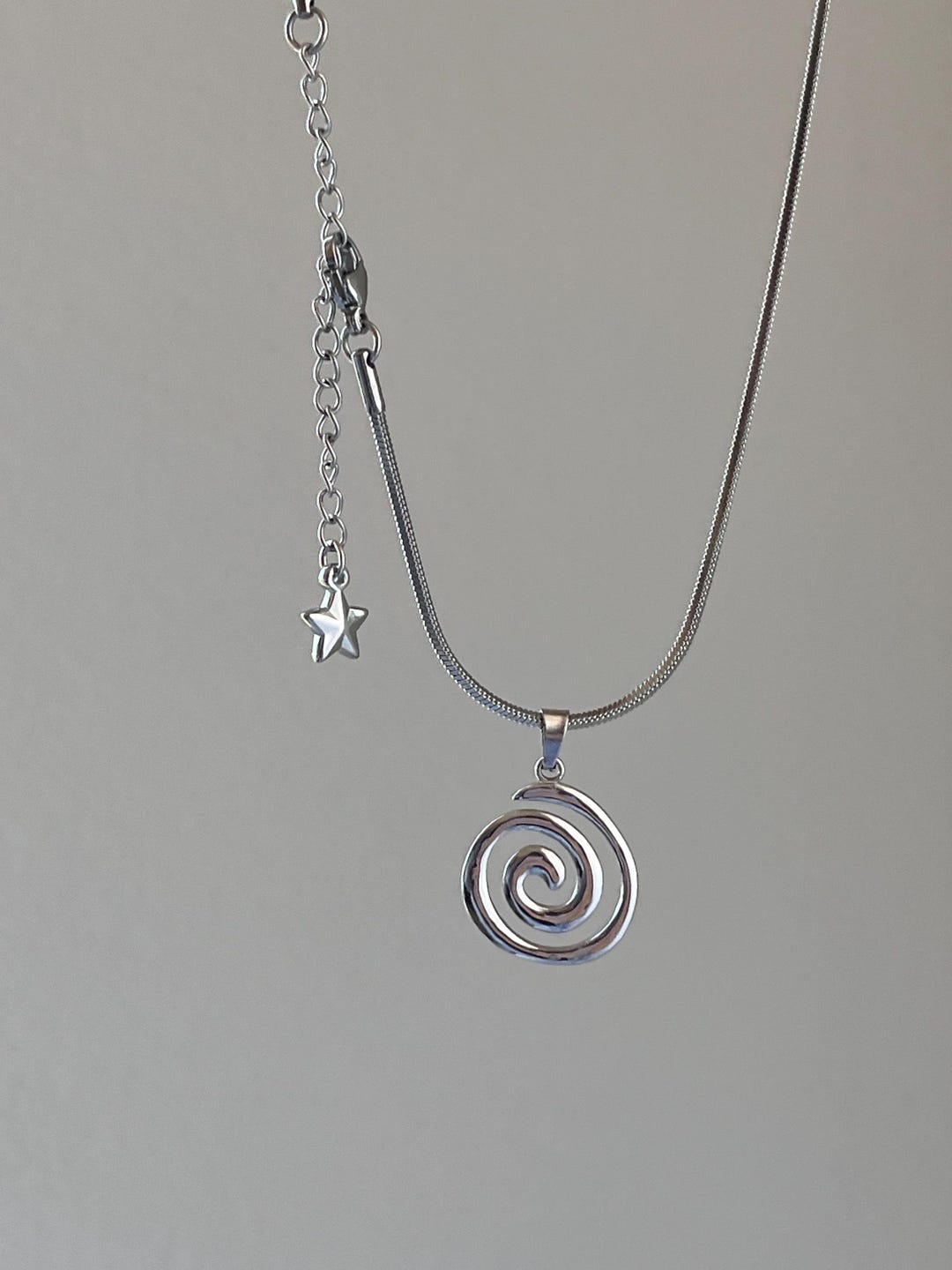 No tarnishing silver stainless Steel necklace, Spiral and star pendant necklace with snake