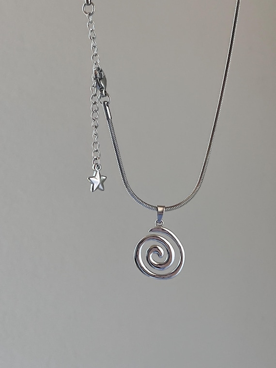 No tarnishing silver stainless Steel necklace, Spiral and star pendant necklace with snake chain, Gothic punk Y2k necklace