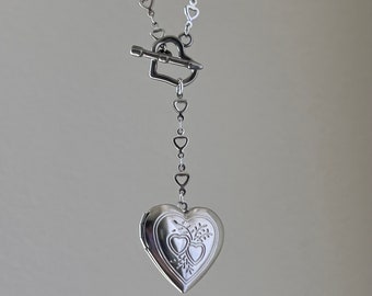 Stainless steel silver heart locket necklace, Photo heart necklace with heart chain, Rosary style locket toggle necklace, gifts for her
