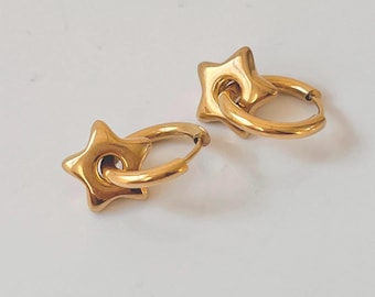 Stainless steel gold star earrings, Stainless steel hoop earrings, Star dangle earrings, y2k punk gothic earrings, whimsigoth earrings
