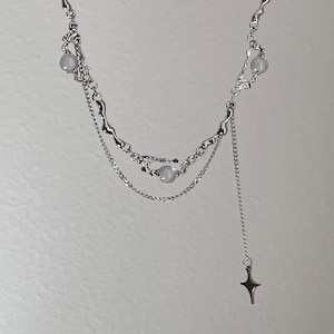 Silver grey moonstone necklace, Stainless steel layered Polaris pendant necklace , Punk necklace, Dainty y2k necklace, chunky chain necklace