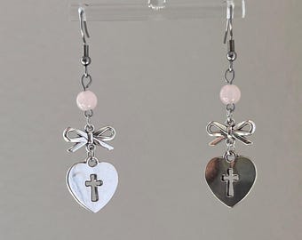 Pink beaded earrings, Stainless steel hook earrings, Bowknot and cross heart dangle earrings, y2k punk earrings, whimsigoth earrings