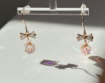 Dainty gold bow and gift box earrings, Cute Christmas earrings, 14k gold plated bow zircon earrings, Stainless steel  hook dangle earrings