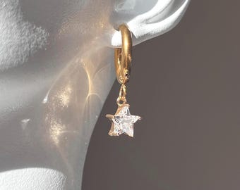 Dainty gold star earrings, Princess cute earrings with 14k real gold plated star zircon pendants, Stainless steel  hoop dangle earrings