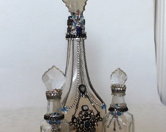 Jeweled Rhinestone Vintage Decorated Altered Glass Bottles Set of Three