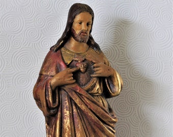 Vintage Plaster Sculpture Sacred Heart Jesus Statue Religious Ornate Gold Gilt 23"