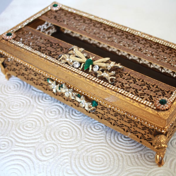 Vintage Jeweled Rhinestone Brass Filigree Tissue Box with Cherubs