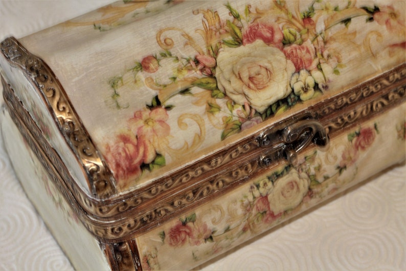 Treasure Chest Box Oriental Camphor Wooden Decopauge Floral Design image 6
