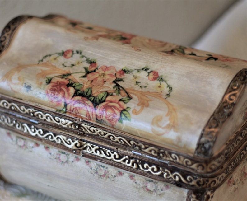 Treasure Chest Box Oriental Camphor Wooden Decopauge Floral Design image 8