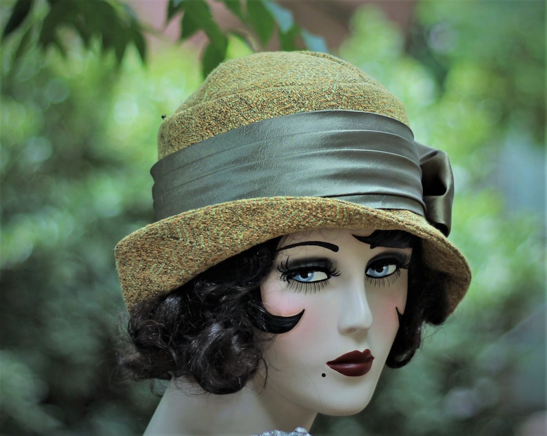 Womens Cloche Hat Vintage Style 1920s Flapper 20s Boho Tweed Fabric Olive Mustard Downton Abbey