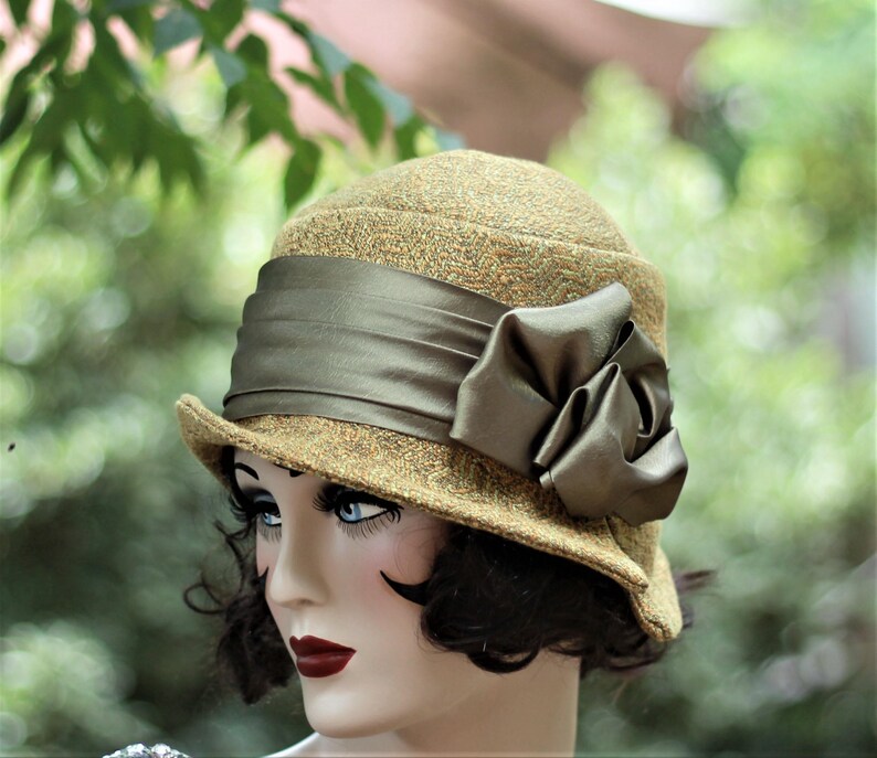 Womens Cloche Hat Vintage Style 1920s Flapper 20s Boho Tweed Fabric Olive Mustard Downton Abbey