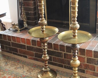 Vintage Tall Floor Brass Candle Holder Pair