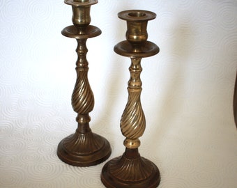 Vintage Pair Brass Pillar Candlesticks Holders