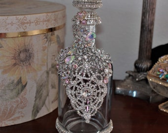 Ornate Rhinestone Decorated Bottle Decanter Jeweled Altered Art Glass