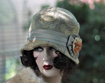 Womens Cloche 20s Hat Warm Winter Flapper Gatsby Sage Green